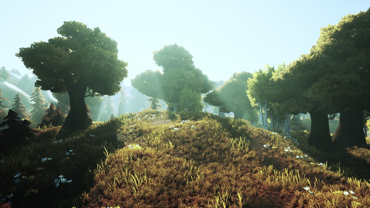 일몰 에 푸른 숲 이 꽃피고 있는 만화