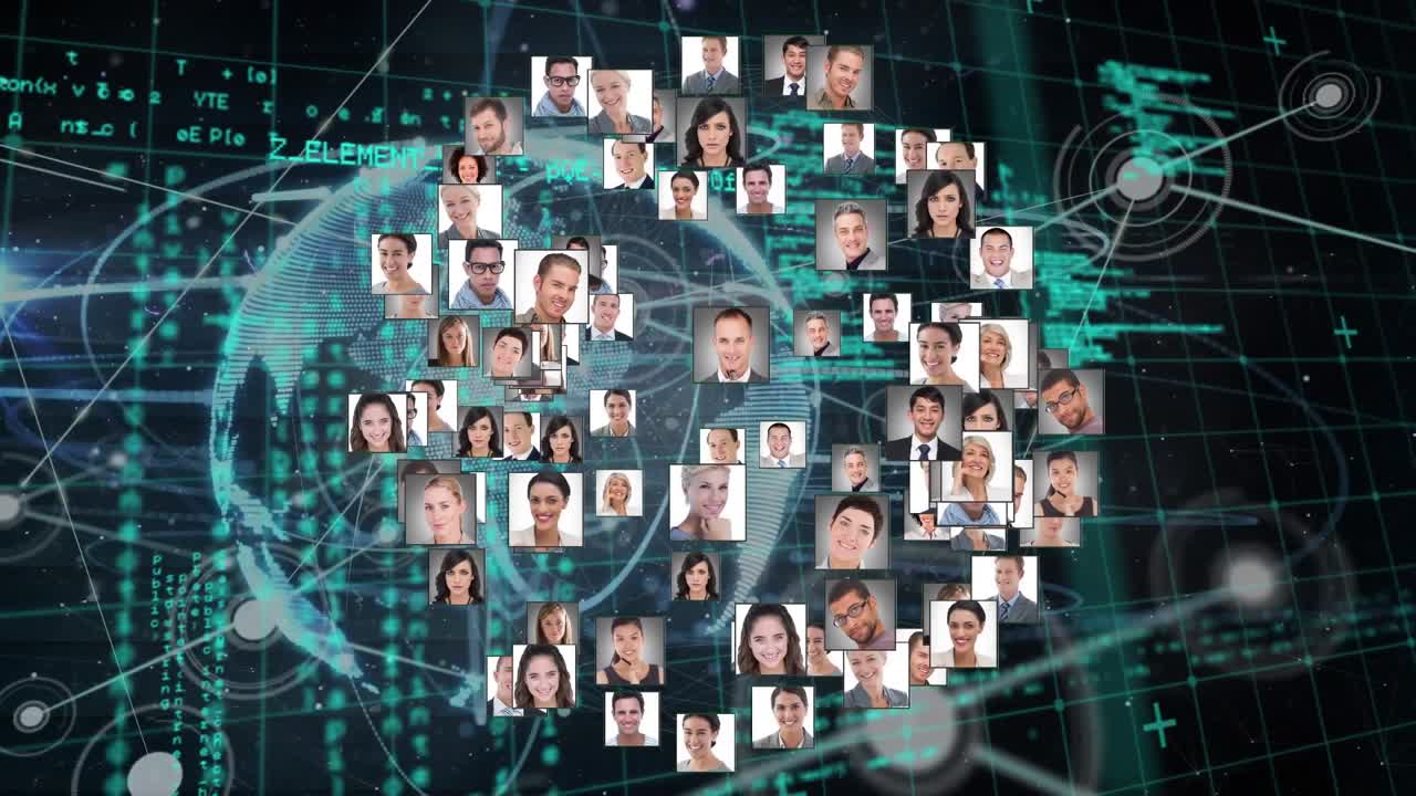 Animation of network of business profile icons over data processing and globe on black background