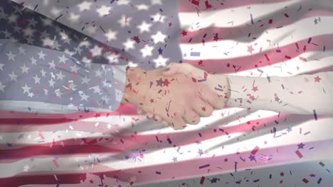 Die-Amerikanische-Flagge-Schwenkt-Vor-Dem-Mittelteil-Eines-Geschäftsmannes-Und-Einer-Geschäftsfrau,-Die-Sich-Die-Hände-Schütteln