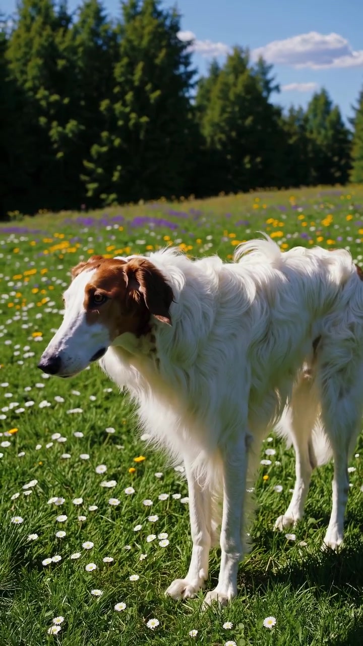 Borzoi-hund står på en solrik villblomsteng