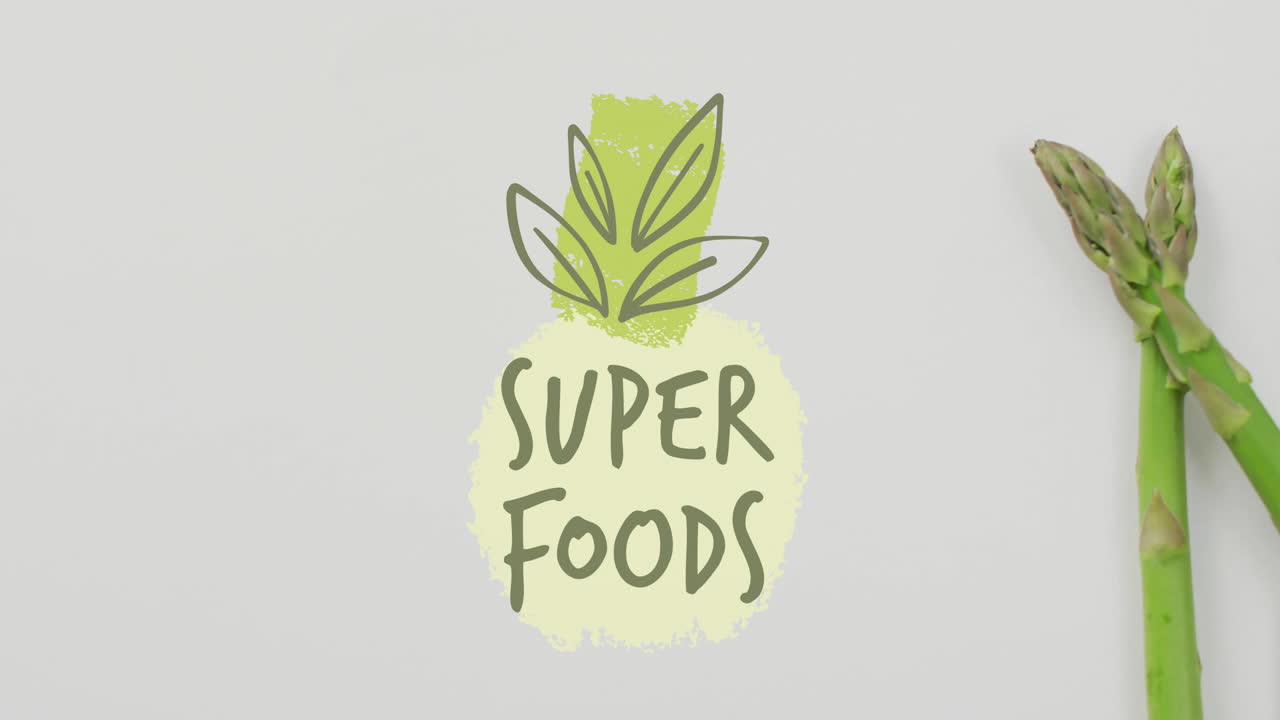 Super Foods text with green pineapple and asparagus animation