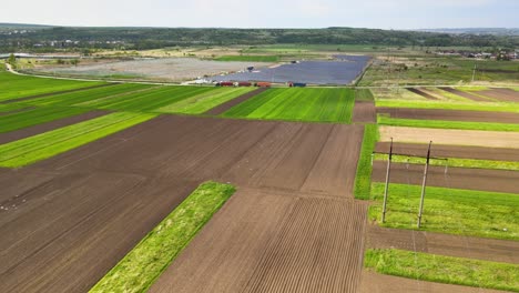 aerial view of big electric power plant under construction with many rows of solar panels on metal frame for producing clean electrical energy. development of renewable electricity sources