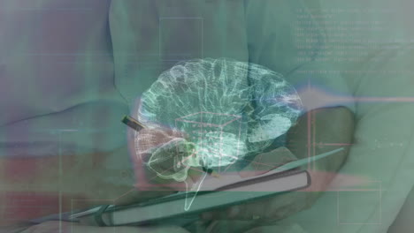animación del cerebro digital sobre el hombre caucásico consultor psicólogo.