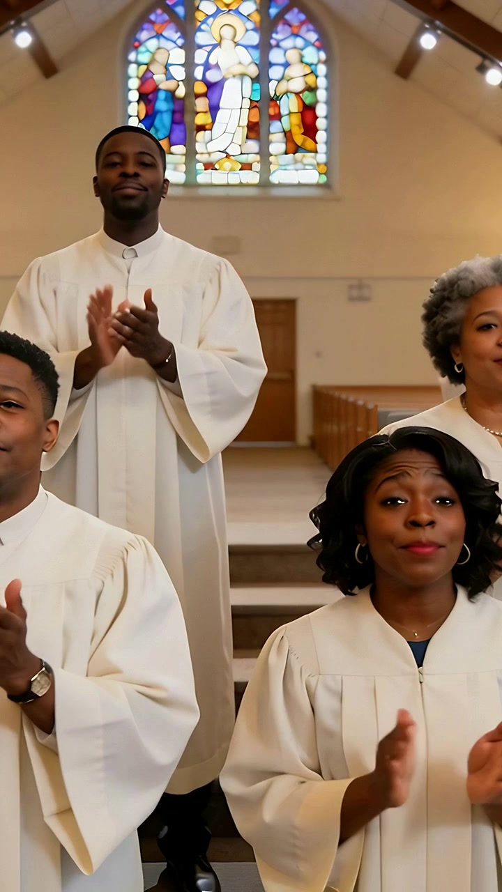 Vertical video: Singing choir in white robes clapping on chancel as hymn cue starts, stained glass