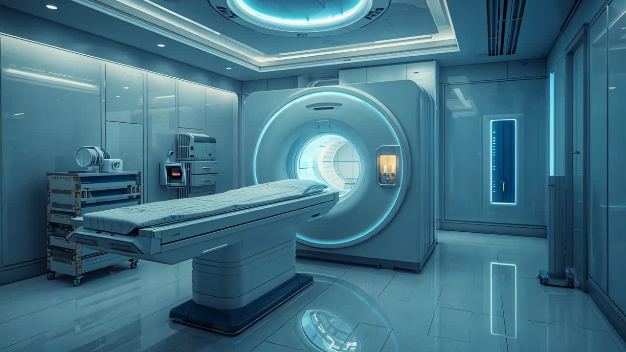 Dolly moving forward toward CT gantry at clinic showing patient table and lit bore for check