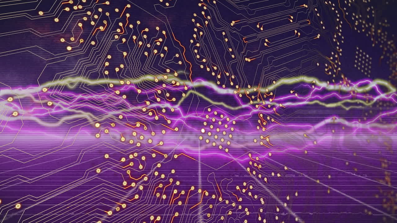 Digital animation of microprocessor connections over purple light trails against blue background