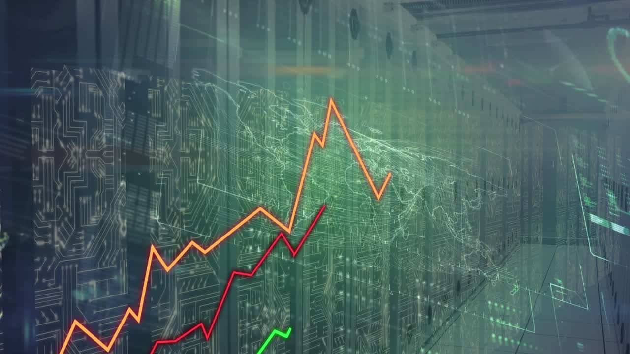 animación de líneas y procesamiento de datos a través de servidores informáticos.
