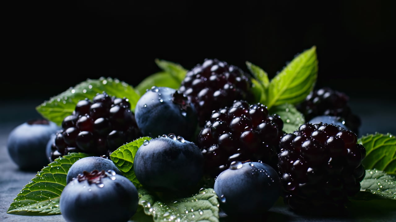 Closeup Blueberries And Blackberries With Mint, Leaves Glistening With Water Droplets, Dramatic Lowkey