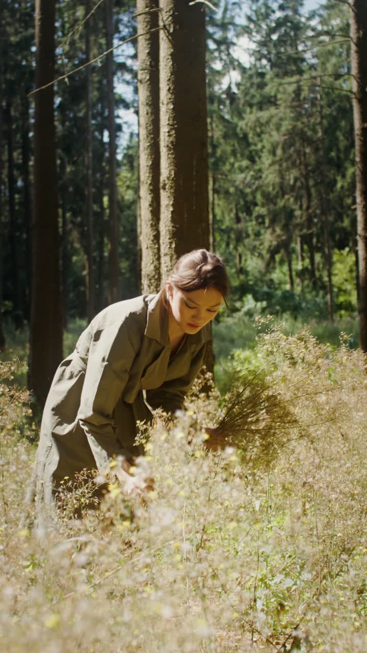 Woman in a forest gathering plants