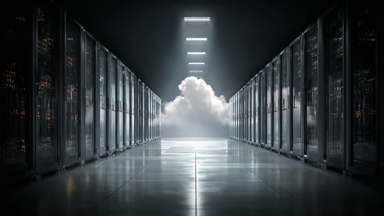A Dark Data Center Illuminated by Glowing Lights, Enveloped in Mystery and Anticipation, Showcasing High-Tech Servers with a Dreamy Cloud Formation in the Background