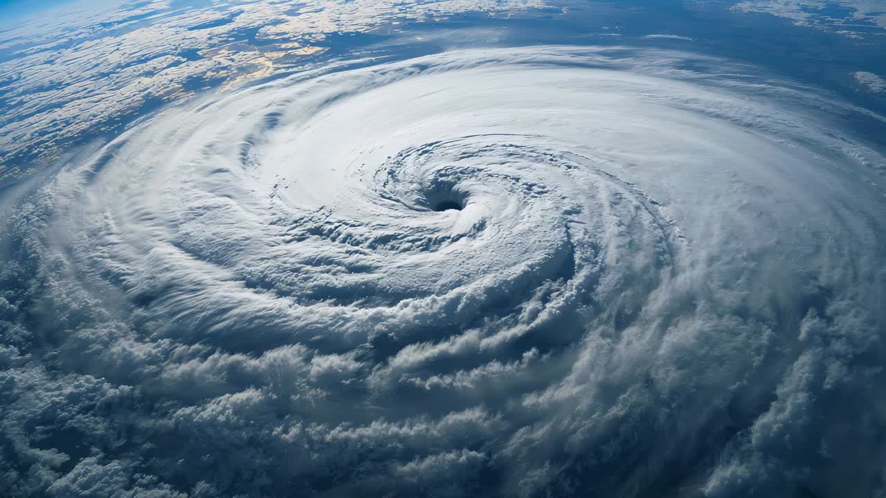 Satellite overhead capturing cyclone rotating over ocean, showing eye, eyewall, spiral rainbands