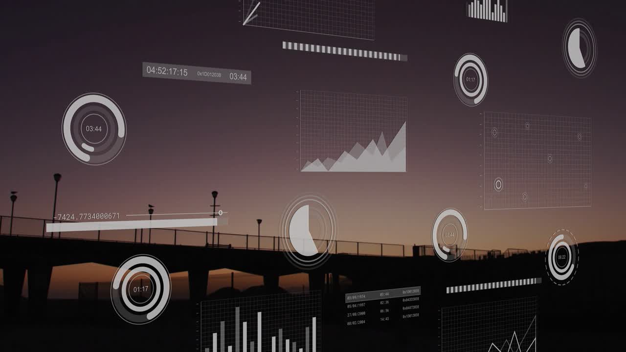 Opening silhouetting highway bridge initiating timer and charts animating to simulate data updates