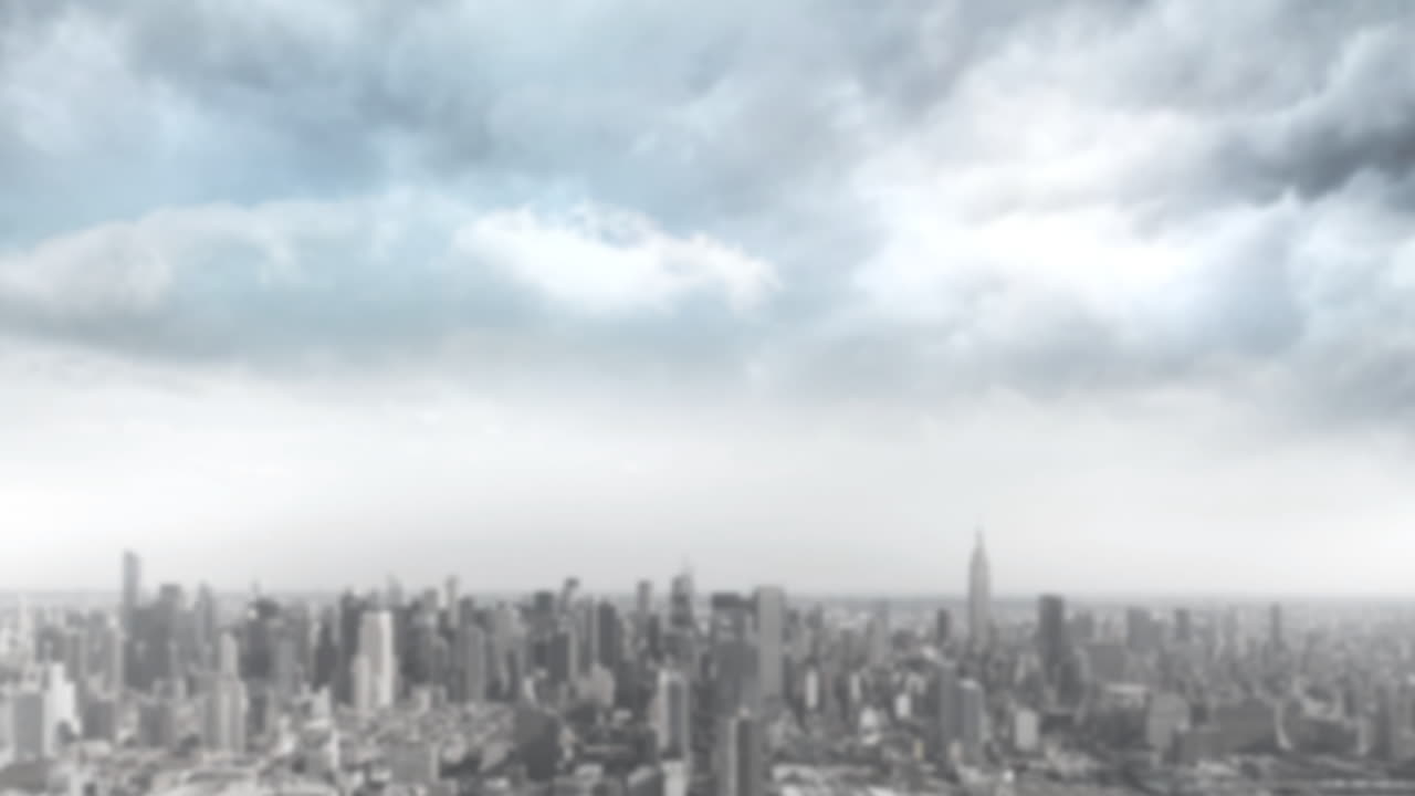 Urban cityscape with numerous skyscrapers under cloudy sky, animation capturing view