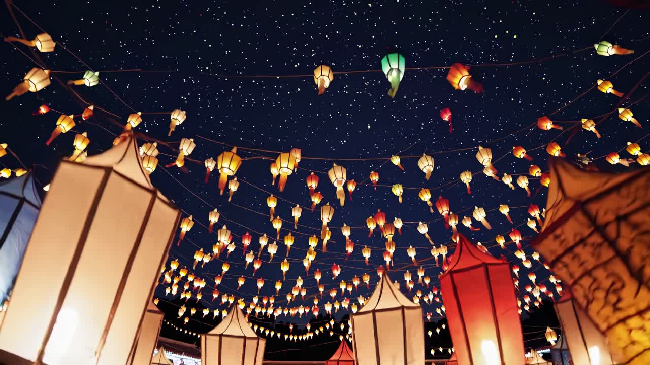 Vibrant lantern festival at night, captured from a low angle