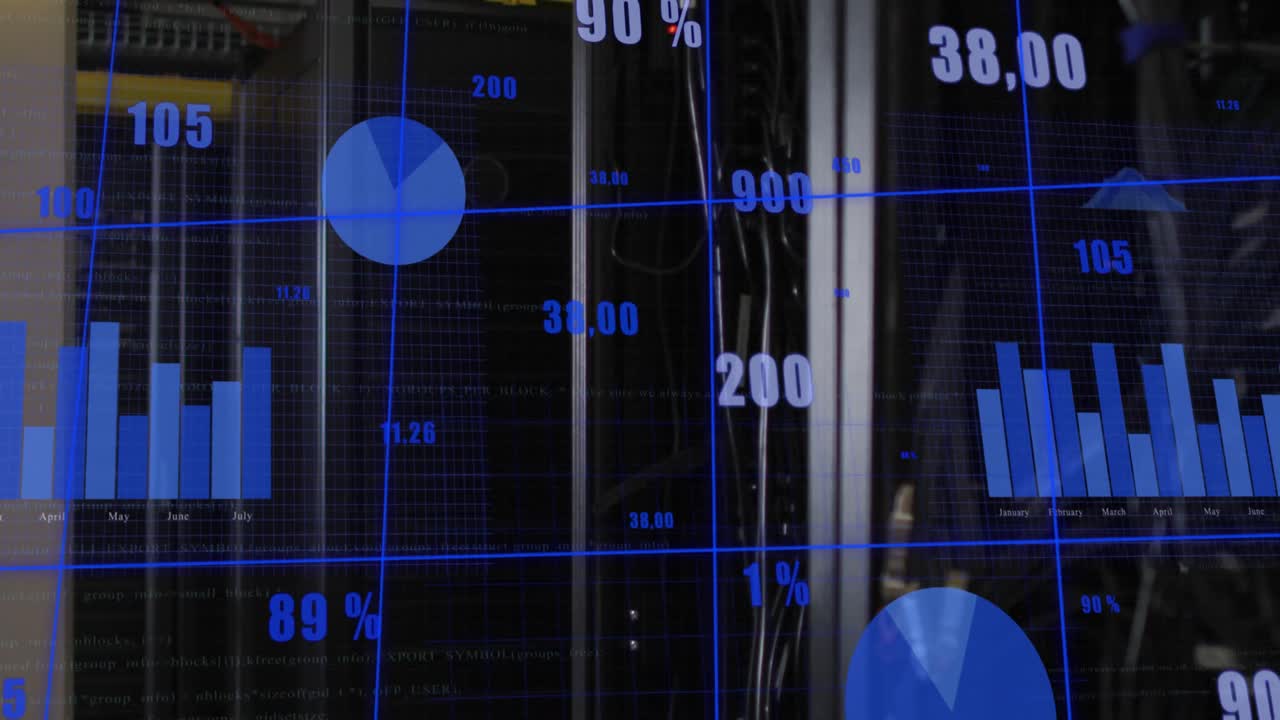 animación del procesamiento de datos estadísticos frente al primer plano de un servidor informático.