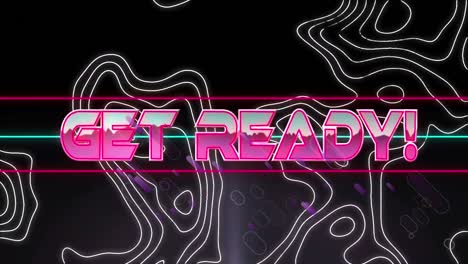 Animation-of-get-ready-text-in-metallic-pink-letters-over-white-lines