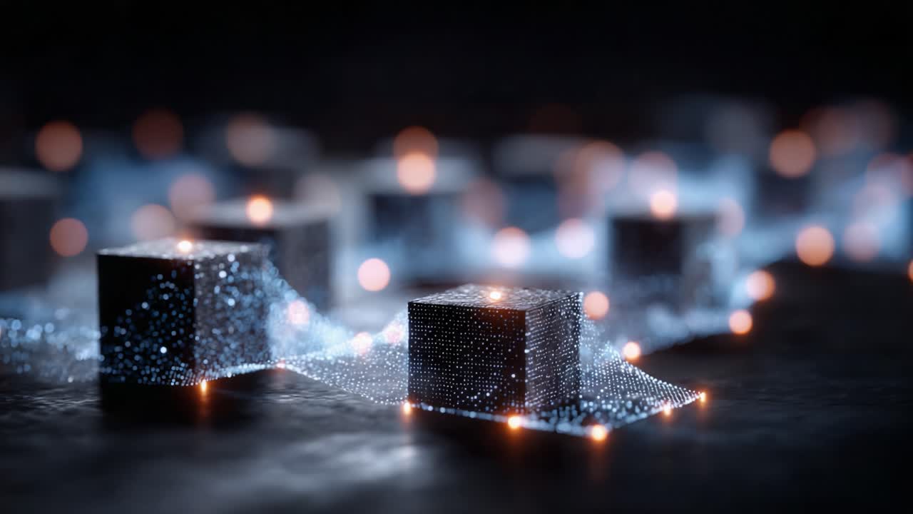 An Abstract Exploration of Digital Structures: Glowing Cubes and Ethereal Light Trails Create a Captivating Visual Experience in a Futuristic Landscape