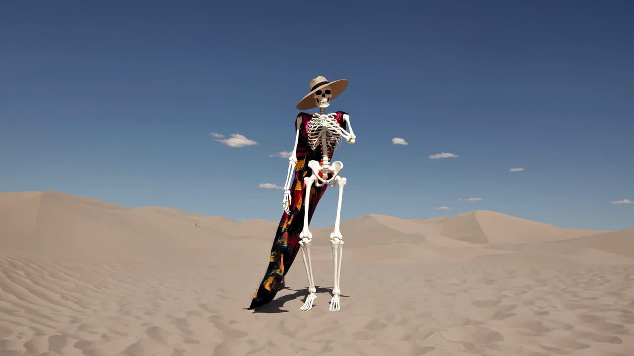 Skeleton in a Colorful Textile in a Desert Landscape