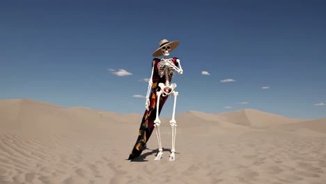 skeleton in a colorful textile in a desert landscape