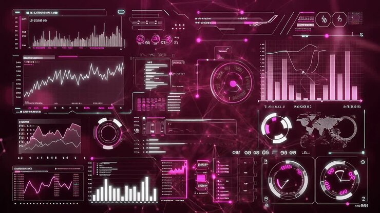 Futuristic Digital Interface with Data Visualization and Graphs