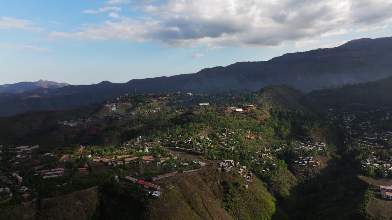 Stunning Mountainous Setting Over Lalibela Town In The Northern Ethiopian Highlands. Aerial Wide Shot