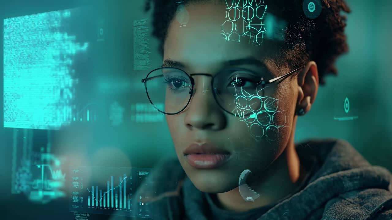 Close-up of a person analyzing data on transparent screens, video style, eye-level angle