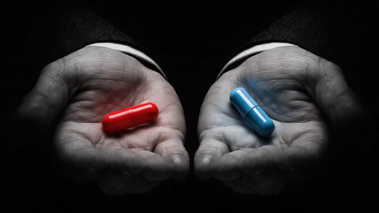 Una decisione drammatica tra due strade: Le capsule rosse e blu simboleggiano scelte, opportunità e conseguenze in una metafora visiva stimolante