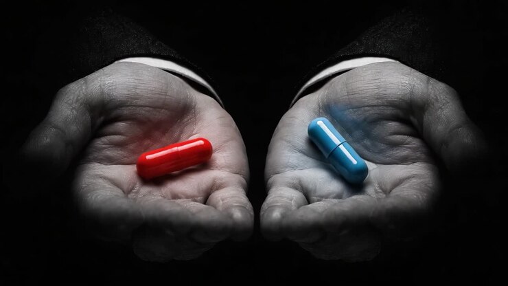 A Dramatic Decision Between Two Paths: The Red and Blue Capsules Symbolize Choices, Opportunities, and Consequences in a Thought-Provoking Visual Metaphor
