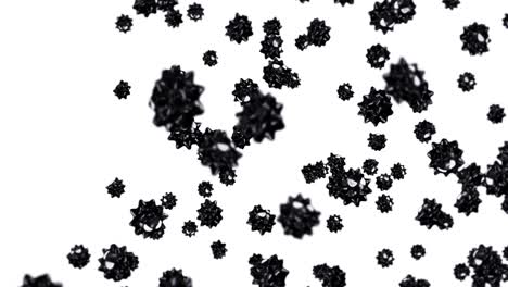 volando muchos virus en personaje de dibujos animados en fondo blanco. concepto médico. divertida mascota de virus negro con enojado. animación de bucle 3d.