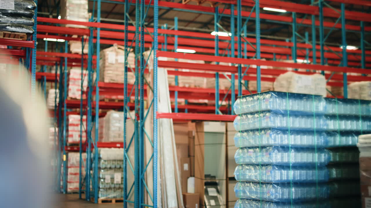 Interior View of a Large Warehouse with Storage Racks and Inventory