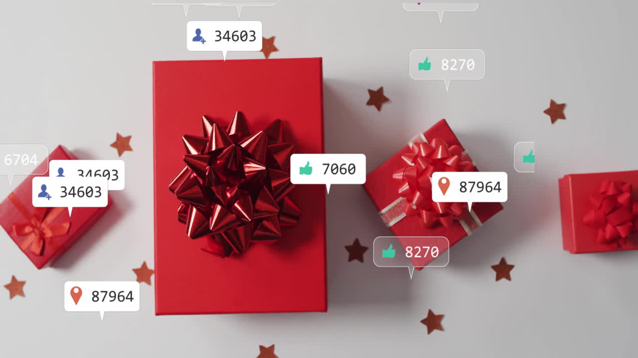 Gift boxes with animation of social media like counts over star confetti background