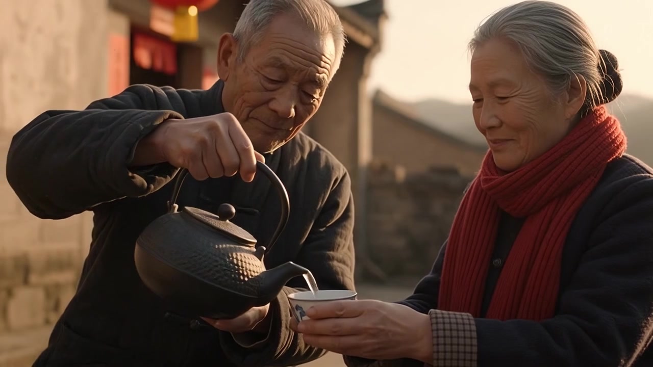 年長華人夫婦在傳統庭院中品茶