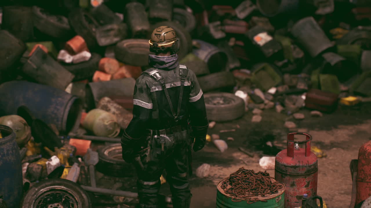 안전 및 위험에 대한 산업 폐기물 장소의 평가를하는 노동자