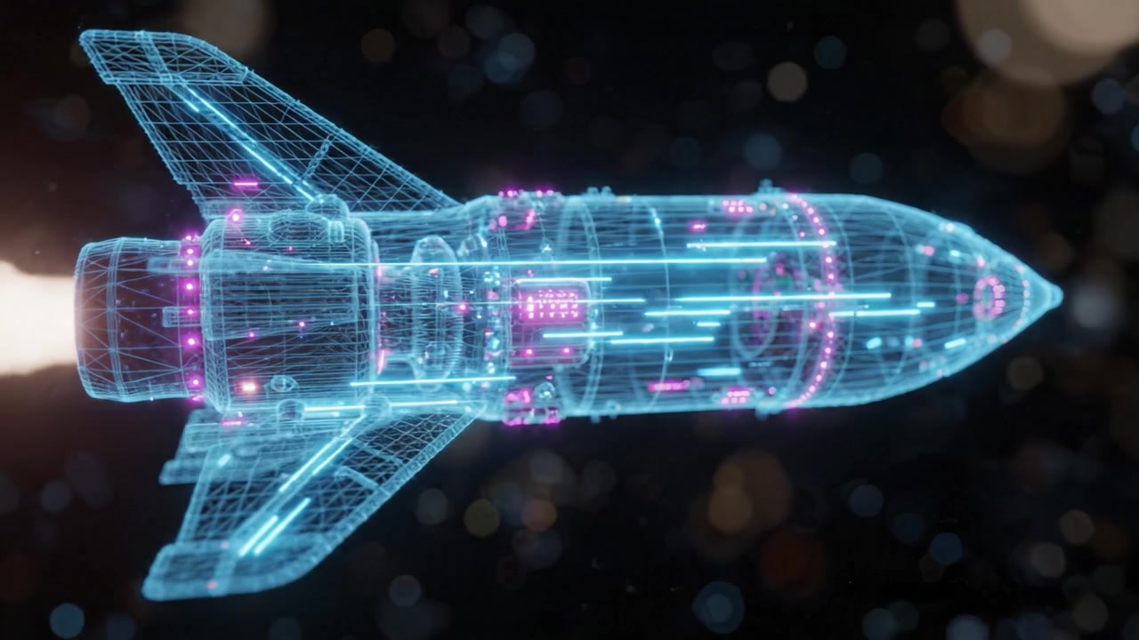 Stunning Visuals of a Futuristic Rocket with Neon Lights and a Dynamic Launch Sequence, Capturing the Energy of Space Exploration and Advanced Technology