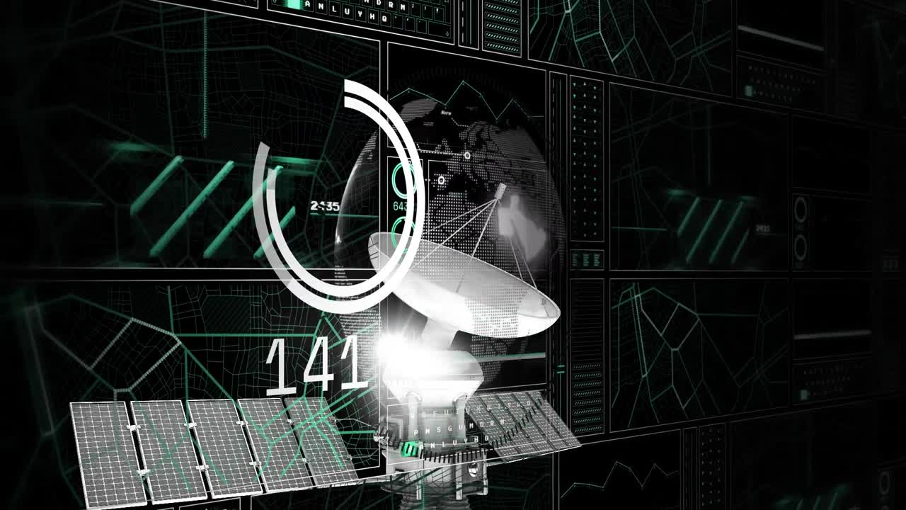 animación de iconos digitales y procesamiento de datos a través de red y satélite