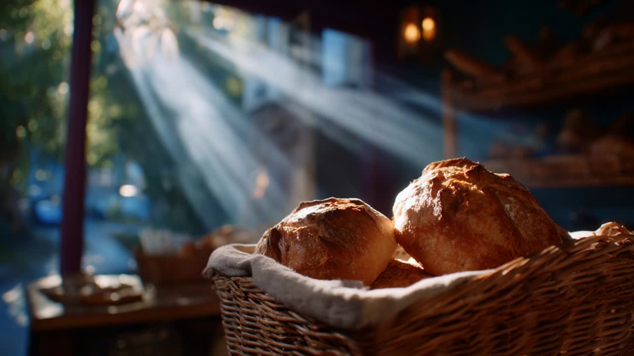 A Beautiful Display of Freshly Baked Artisan Breads in a Warmly Lit Bakery as Sunbeams Illuminate the Rustic Setting, Creating a Cozy Atmosphere Perfect for Enjoying Bakery Delights