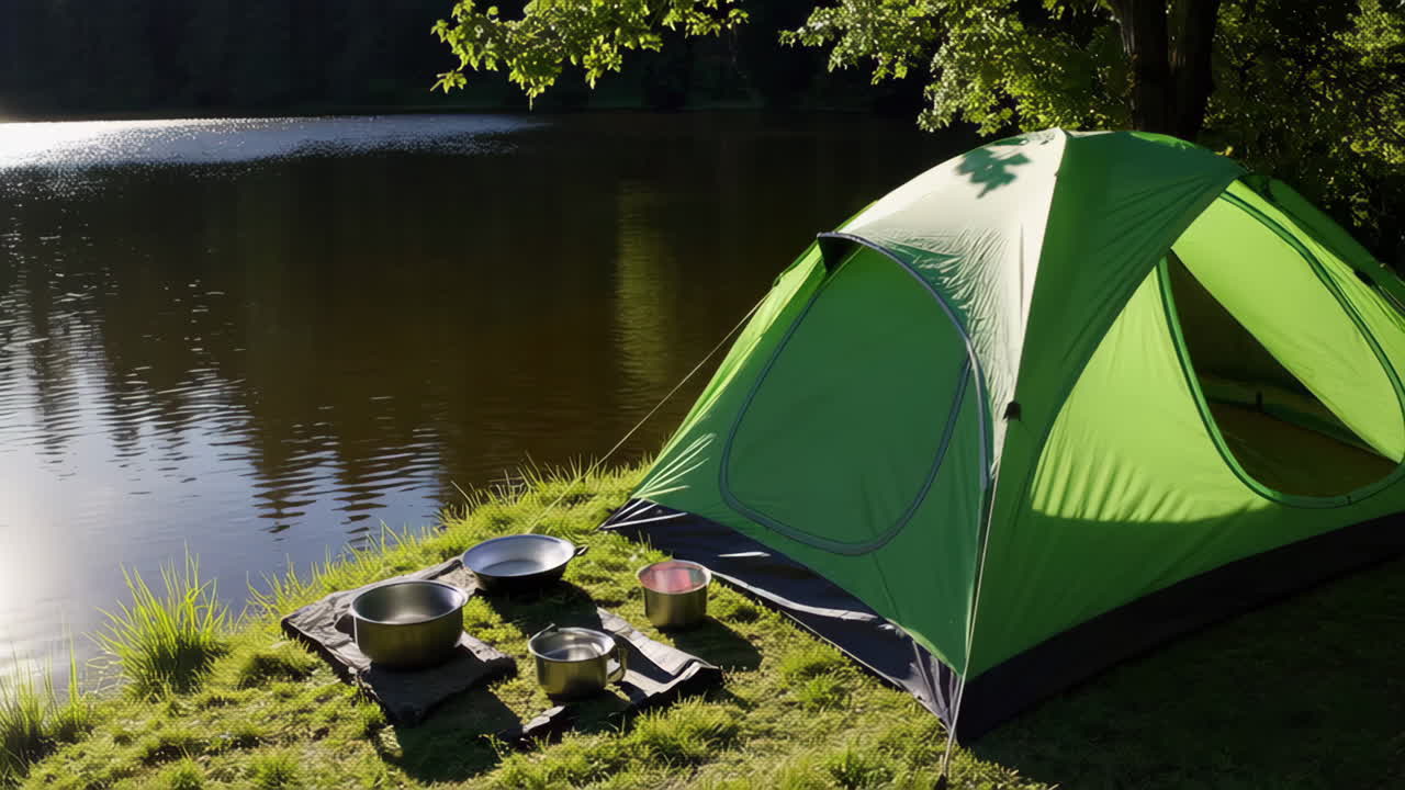 해가 지면 호수 에서 캠핑하는 것