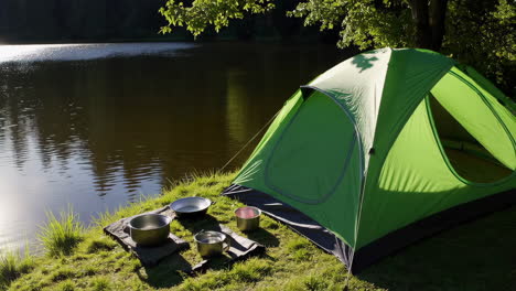 camping by the lake at sunset
