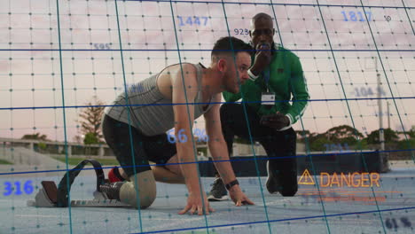 Preparing to race, athlete with prosthetic leg viewing animation of danger warning