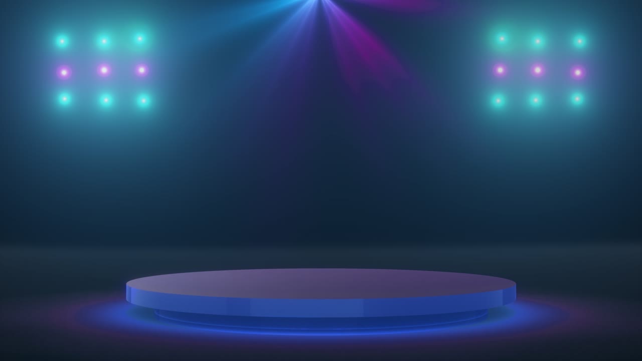 Futuristic digital hud stage glowing spotlight neon lights vibrant rays luminous platform for events