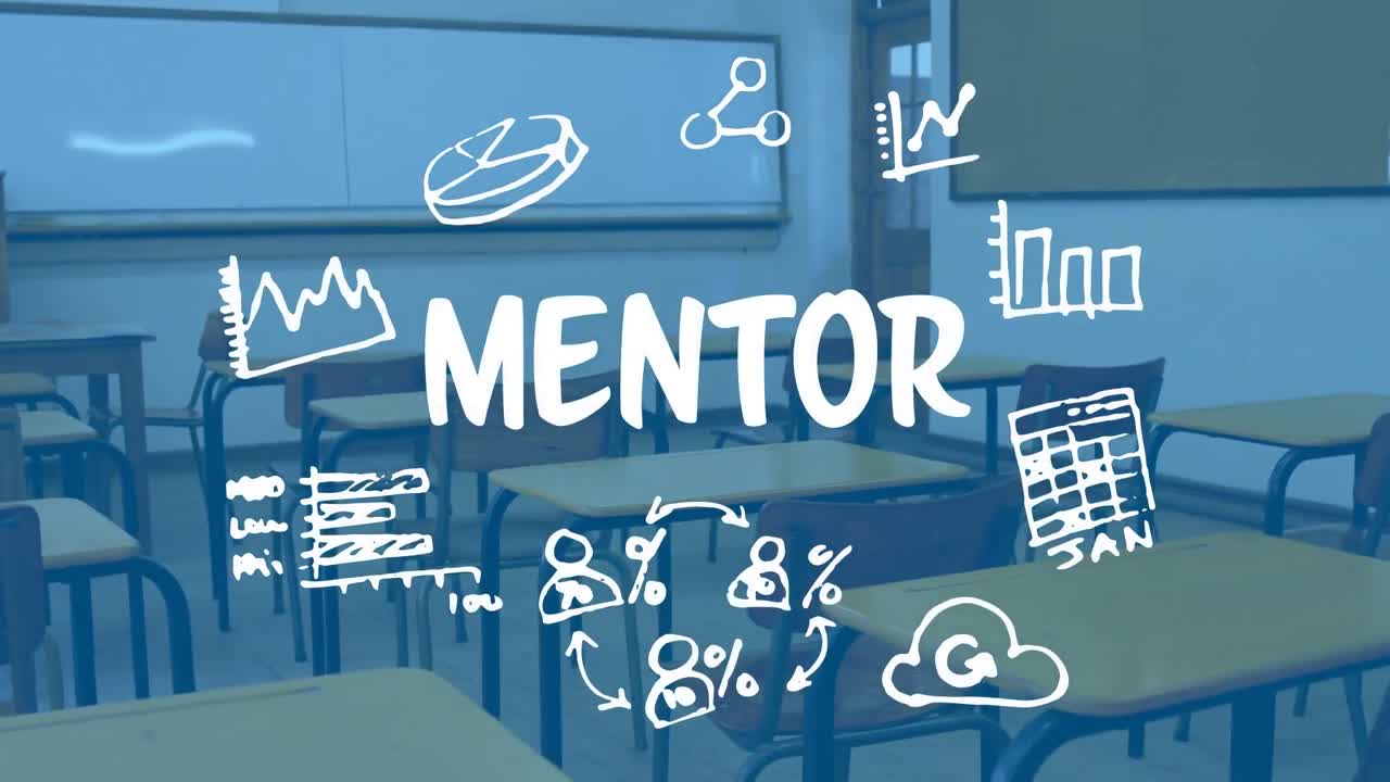animación del texto del mentor con iconos de negocios sobre el aula vacía