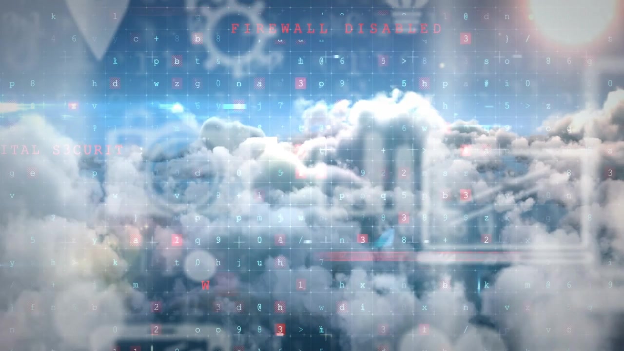 Overlay appearing over central cloud, UI icons floating, scanning bars sweeping to flag malware