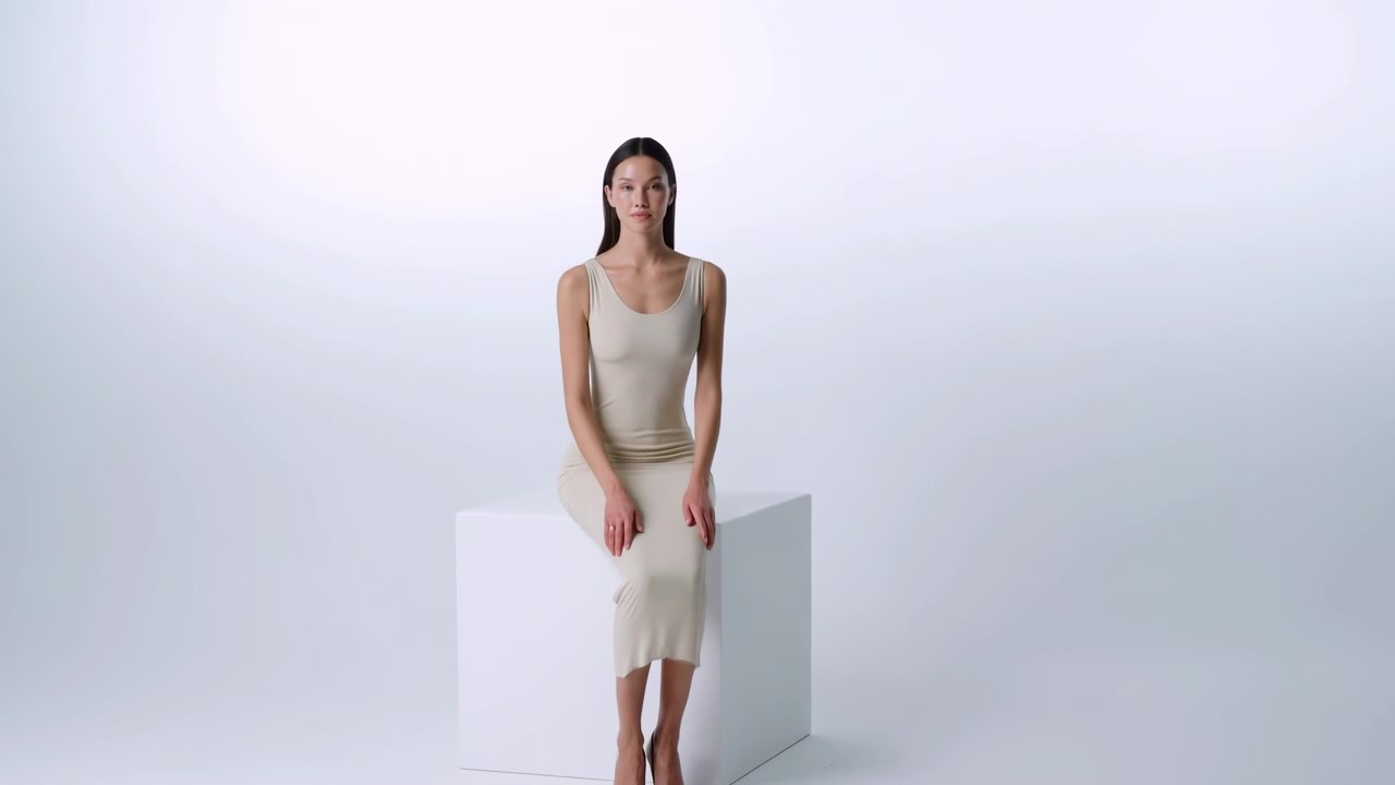 Front-facing view follows woman moving from standing to seated pose on geometric white block, with straight dark hair, soft even lighting, pale backdrop, and centered minimalist composition.