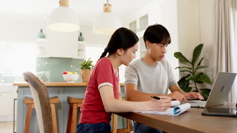 studying together, two teenagers working on homework at kitchen table