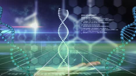 animation of chemical and dna structure spinning over a hand against light spot on blue background