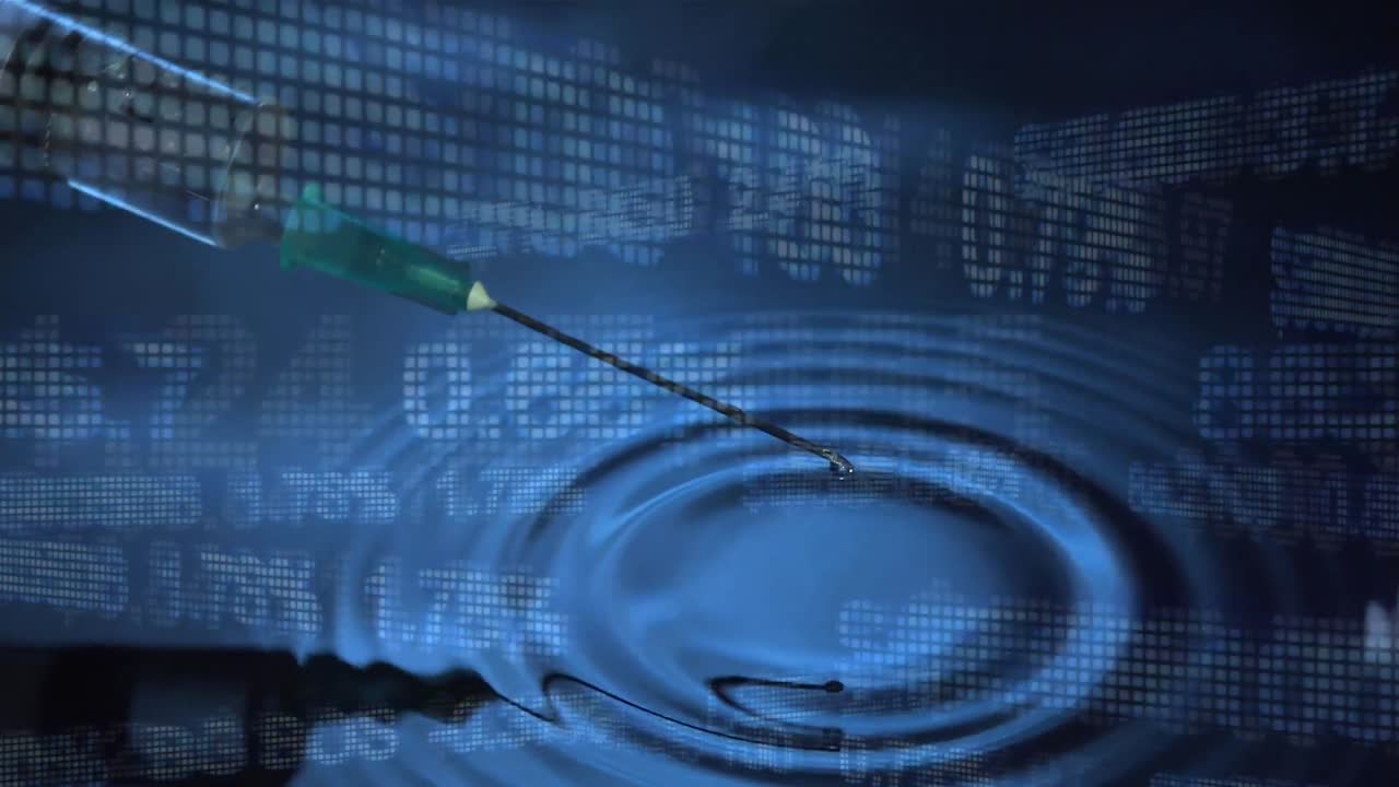 파란색 바탕에 바늘에서 흘러나오는 액체에 대한 금융 데이터 처리의 애니메이션.