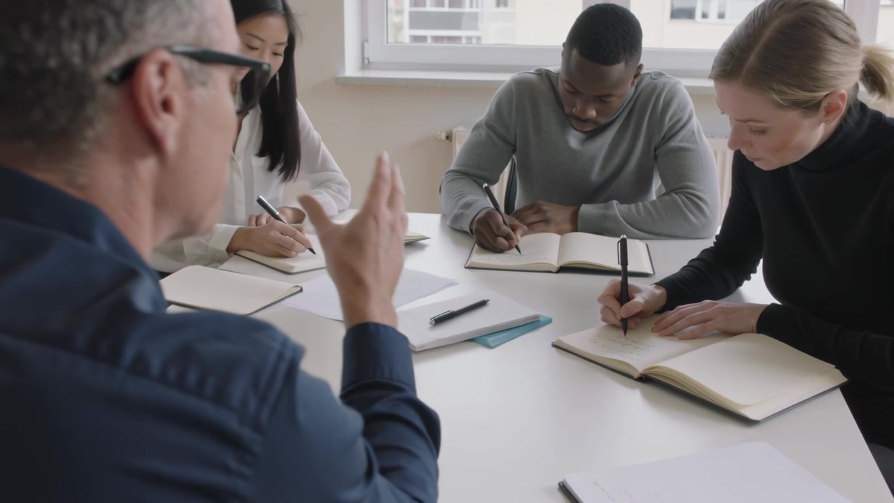 Starting manager in blue shirt gesturing leading meeting room table, team writing notebooks, pens