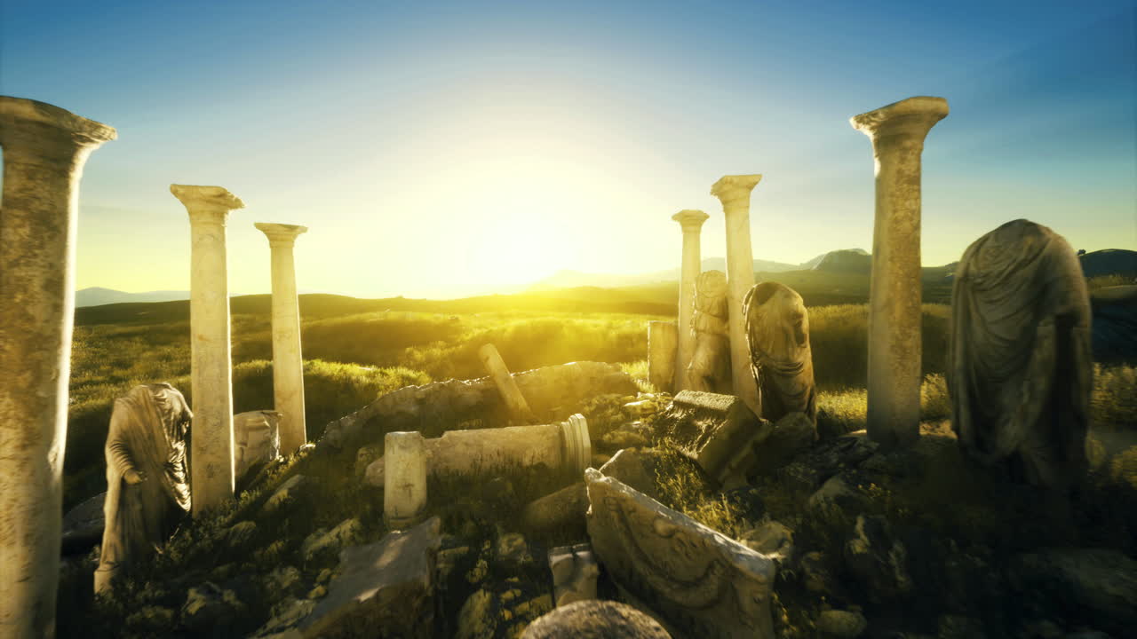 Ancient ruins illuminated by sunrise in a serene landscape
