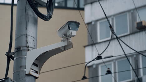 cctv surveillance camera recording outside modern city downtown building.