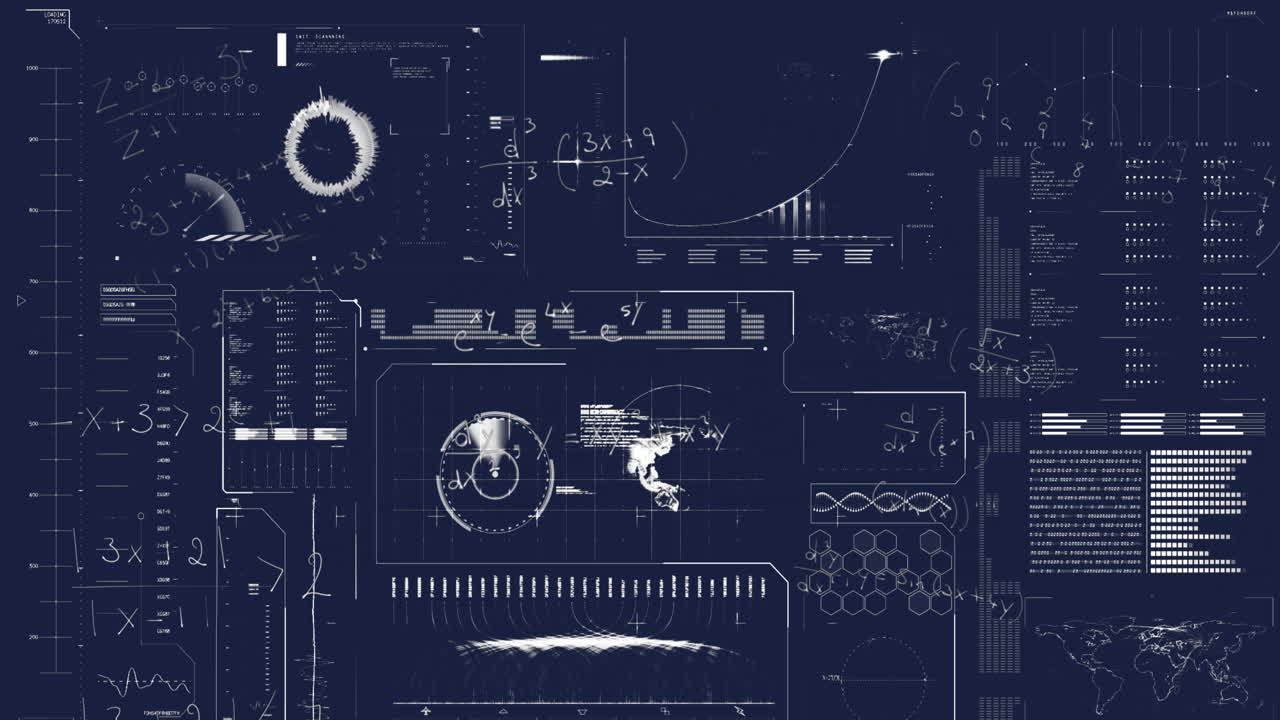 Animation of mathematical equations over interface with data processing against blue background